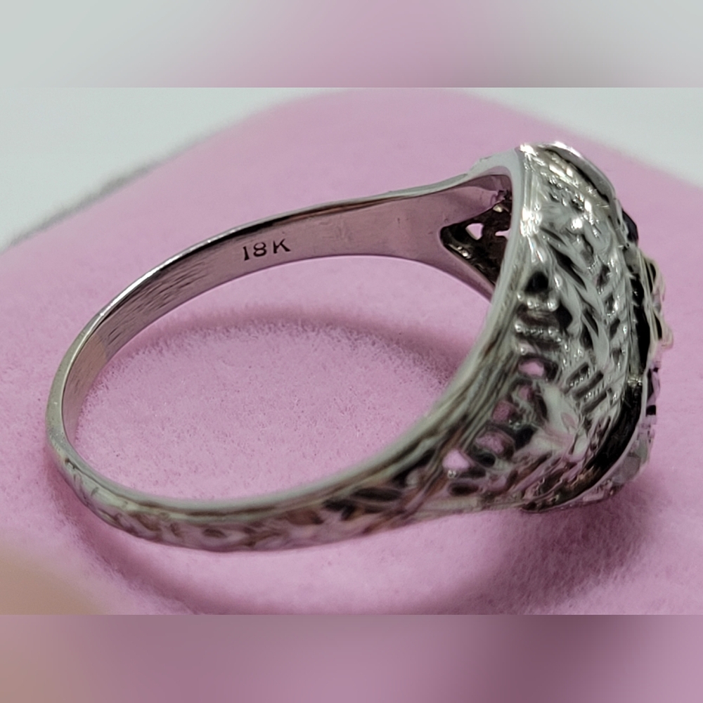 VINTAGE ESTATE 1950s ART DECO 18k Solid White Gold Blue Saphire and Diamond Ring - Picture 5 of 9